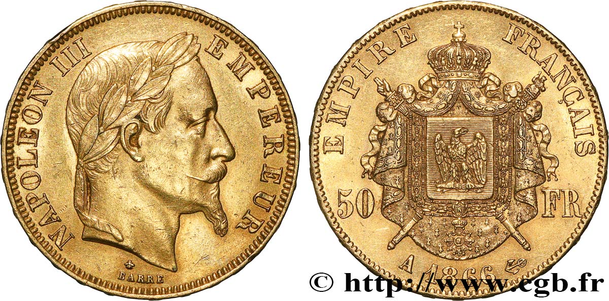 50 francs or Napoléon III, tête laurée 1866 Paris F.548/6 MBC+ 