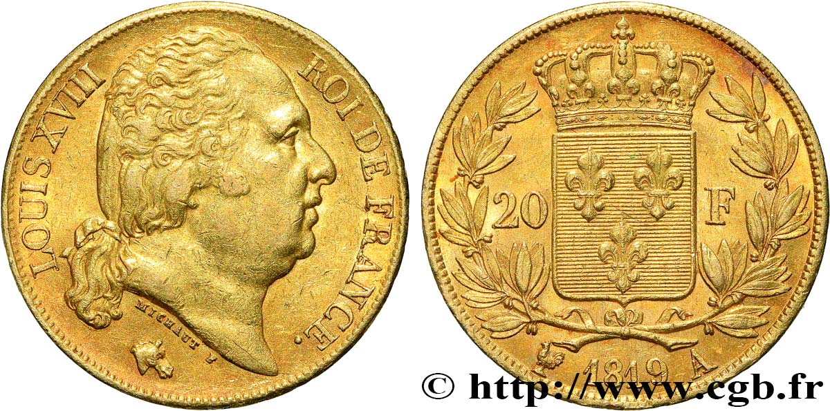 20 francs or Louis XVIII, tête nue 1819 Paris F.519/15 VZ55 