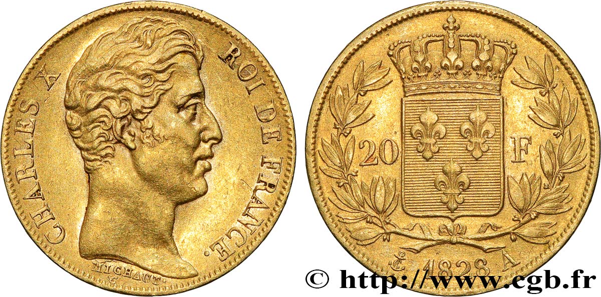 20 francs or Charles X, matrice du revers à quatre feuilles et demie 1828 Paris F.520/8 TTB50 