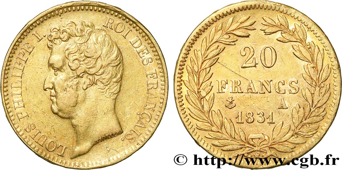 20 francs or Louis-Philippe, Tiolier, tranche inscrite en relief 1831 Paris F.525/2 XF 