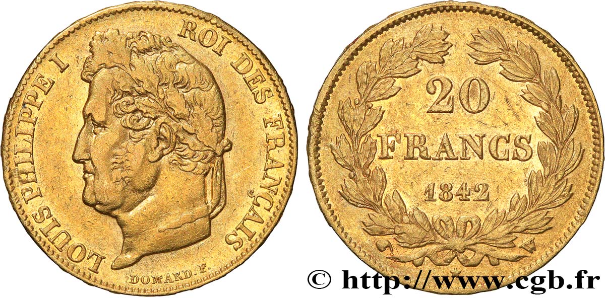 20 francs Louis-Philippe, Domard 1842 Lille F.527/28 XF45 