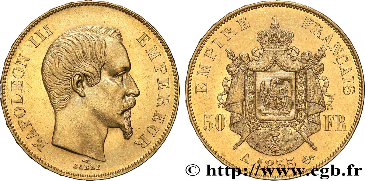 50 francs or Napoléon III, tête nue 1855 Paris F.547/1 EBC60 