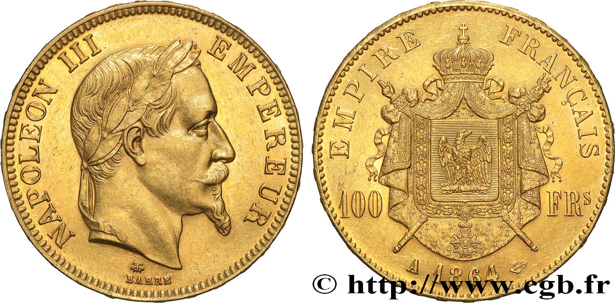 100 francs or Napoléon III, tête laurée 1864 Paris F.551/4 AU55 