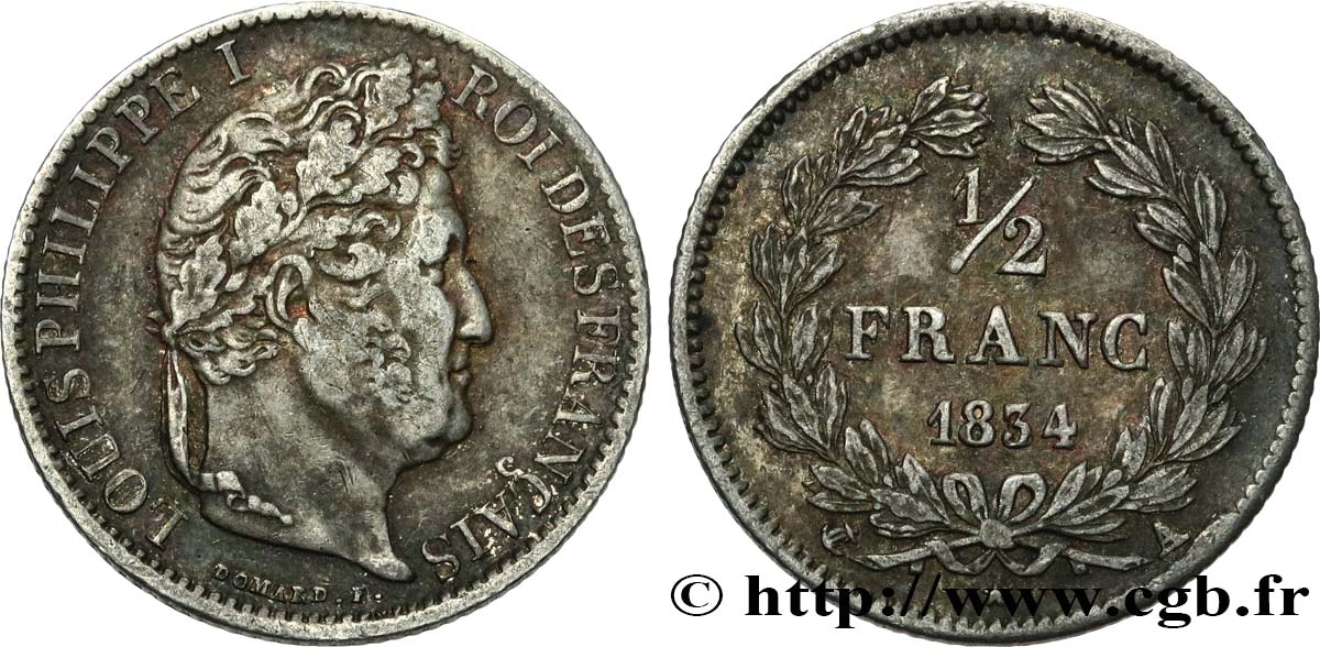 1/2 franc Louis-Philippe 1834 Paris F.182/39 XF40 