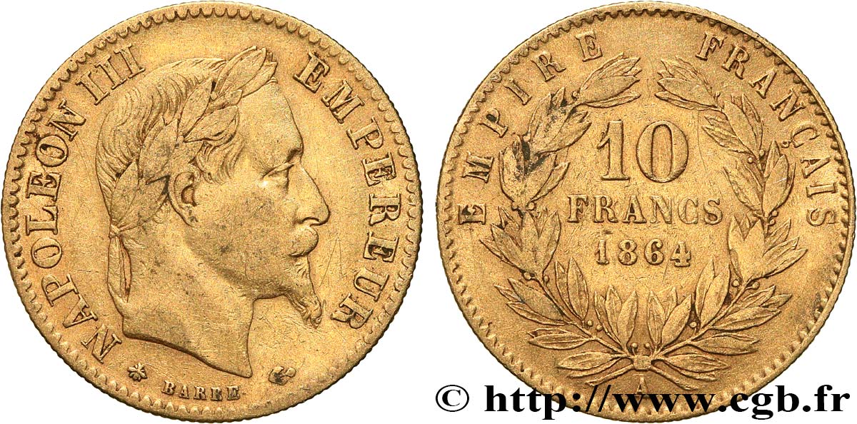 10 francs or Napoléon III, tête laurée, type définitif à grand 10 1864 Paris F.507A/6 TB 