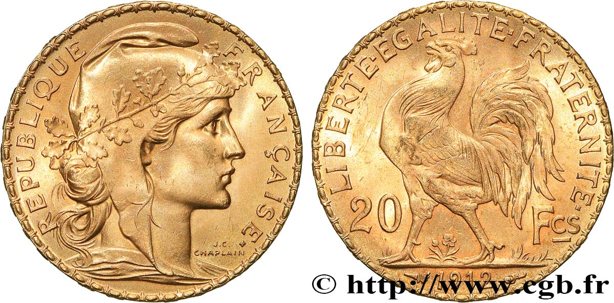 20 francs or Coq, Liberté Égalité Fraternité 1912 Paris F.535/6 SUP+ 