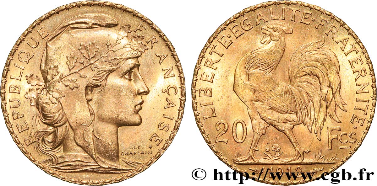 20 francs or Coq, Liberté Égalité Fraternité 1912 Paris F.535/6 VZ+ 