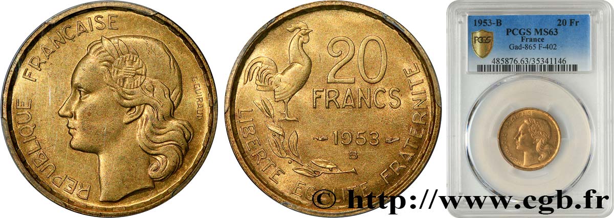 20 francs G. Guiraud 1953 Beaumont-Le-Roger F.402/12 SC63 PCGS