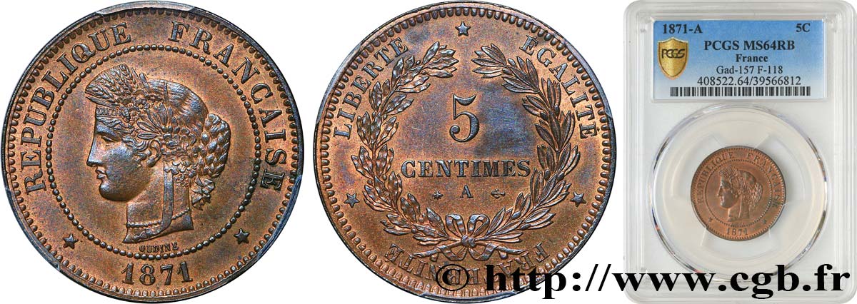 5 centimes Cérès 1871  Paris F.118/2 fST64 PCGS