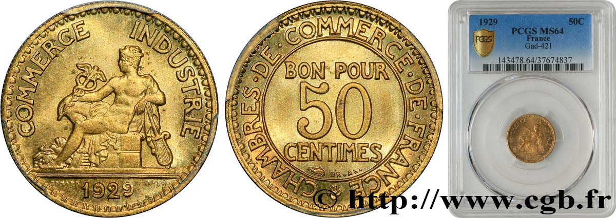 50 centimes Chambres de Commerce 1929  F.191/11 fST64 PCGS