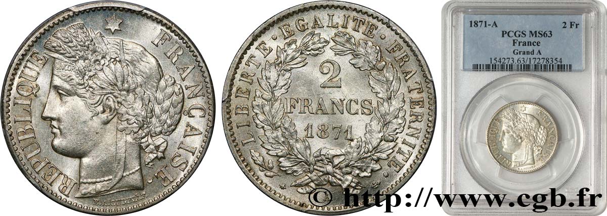 2 francs Cérès, avec légende 1871 Paris F.265/3 MS63 PCGS