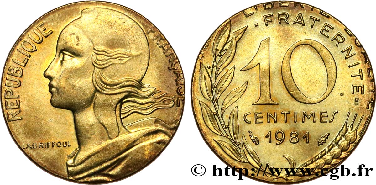 10 centimes Marianne, fautée frappée sur un flan de 5 centimes 1981 Pessac F.144/21 var. MS 