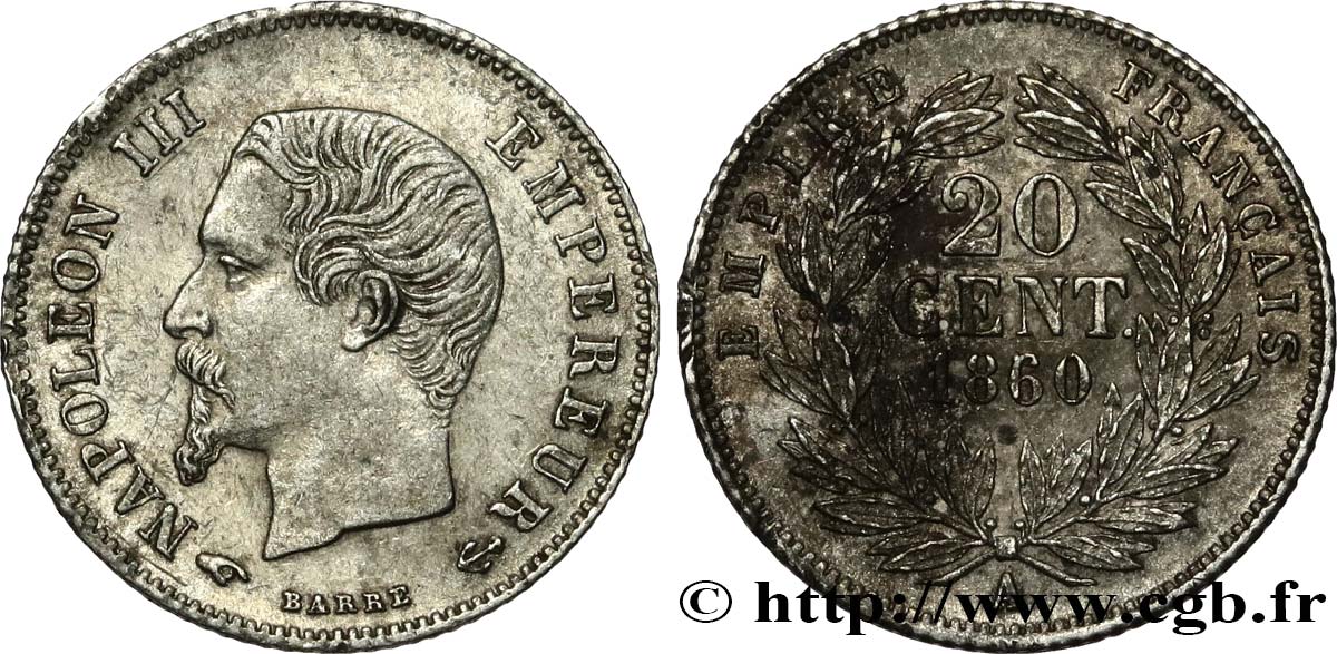 20 centimes Napoléon III, tête nue 1860 Paris F.148/13 XF 