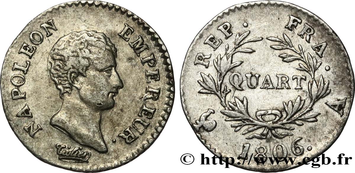Quart (de franc) Napoléon Empereur, Calendrier grégorien 1806 Paris F.159/1 VF 