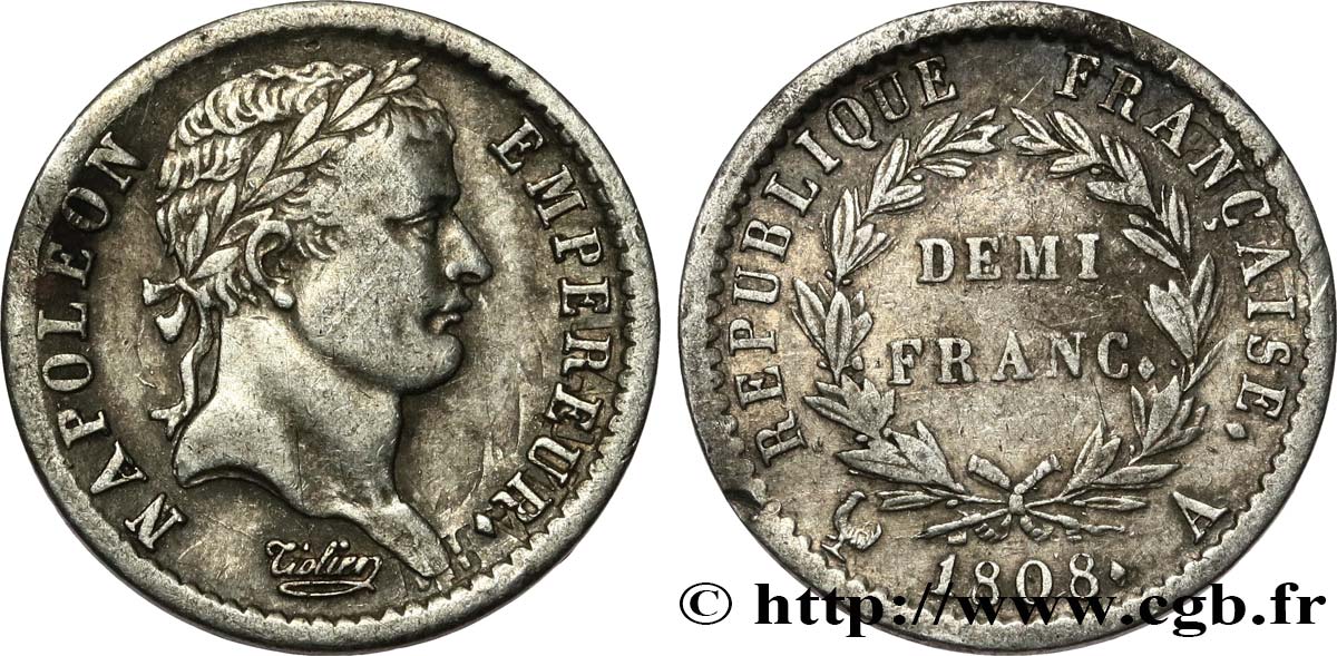 Demi-franc Napoléon Ier tête laurée, République française 1808 Paris F.177/2 TTB40 