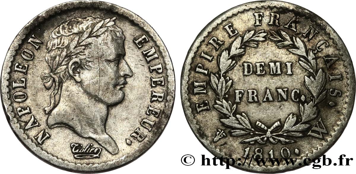 Demi-franc Napoléon Ier tête laurée, Empire français 1810 Lille F.178/20 q.BB 