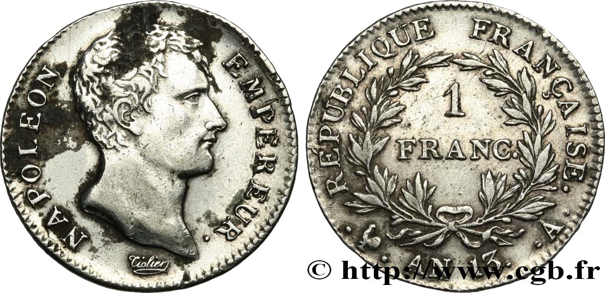 1 franc Napoléon Empereur, Calendrier révolutionnaire 1805 Paris F.201/14 TB+ 