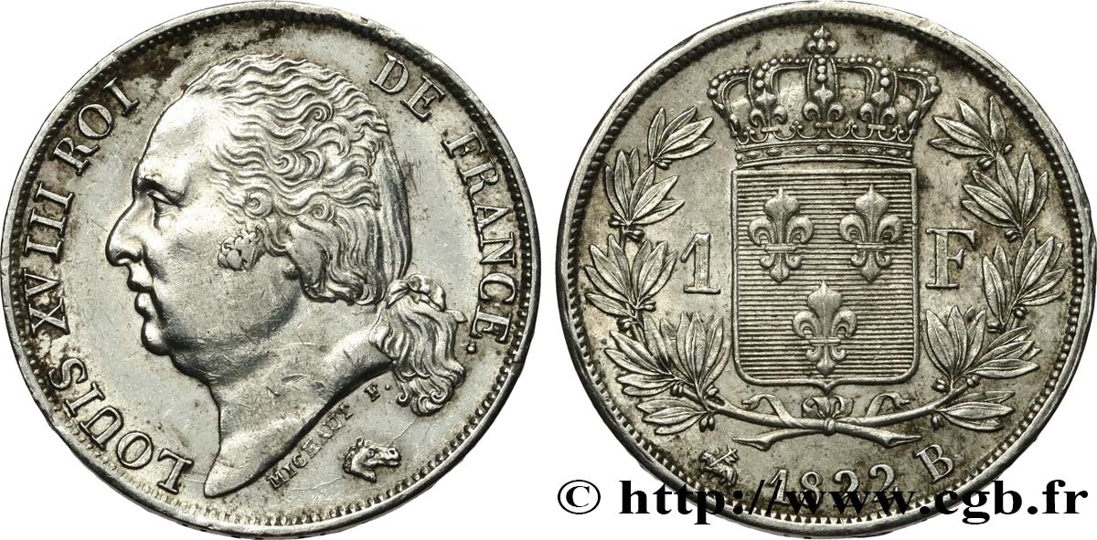 1 franc Louis XVIII 1822 Rouen F.206/41 fVZ 