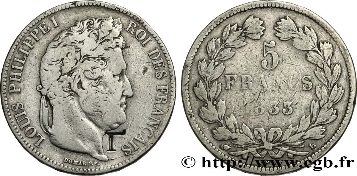 5 francs IIe type Domard, contremarqué “Γ” 1833 Bayonne F.324/22 TB 