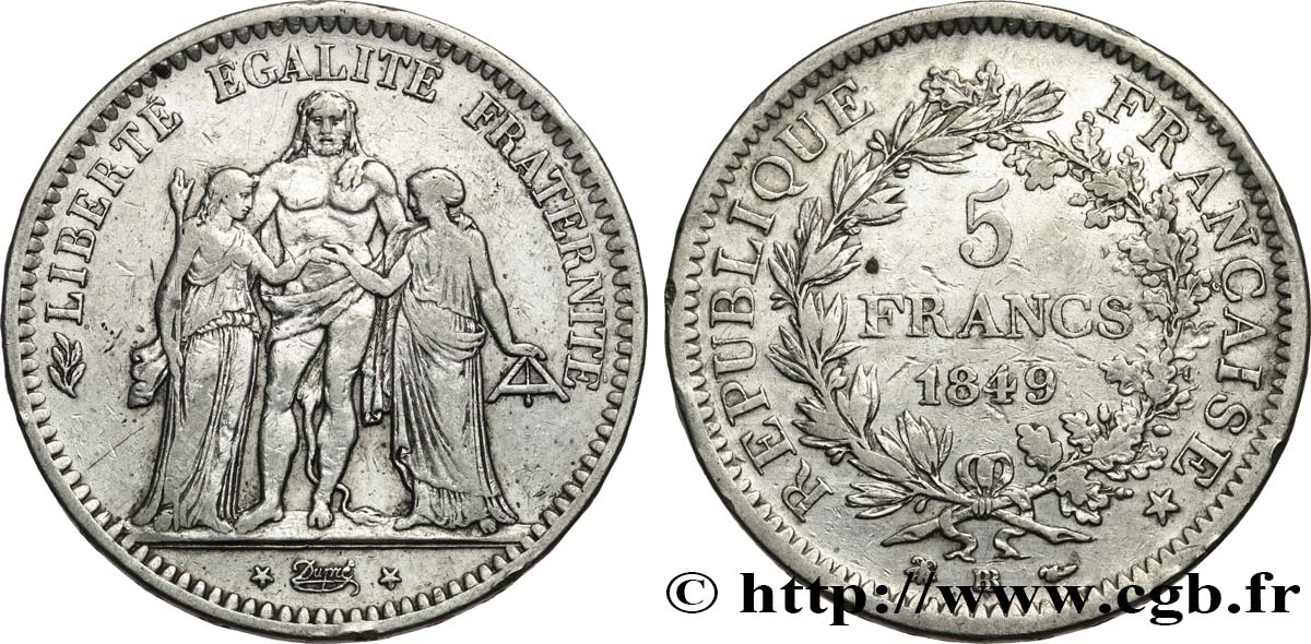 5 francs Hercule, IIe République 1849 Strasbourg F.326/6 TB 