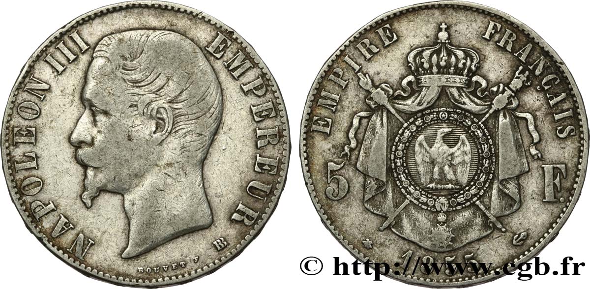5 francs Napoléon III, tête nue 1855 Strasbourg F.330/4 TB25 