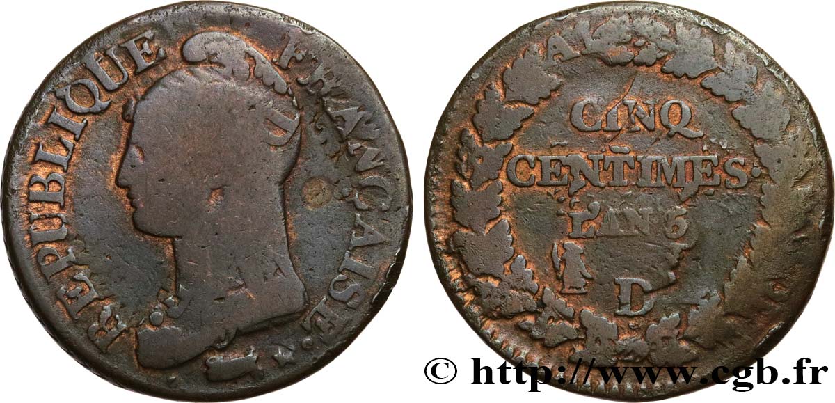 Cinq centimes Dupré, grand module,  refrappage  du décime 1797 Lyon F.114/7 B12 