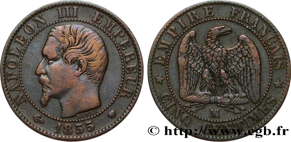 Cinq centimes Napoléon III, tête nue 1855 Marseille F.116/27 q.BB 