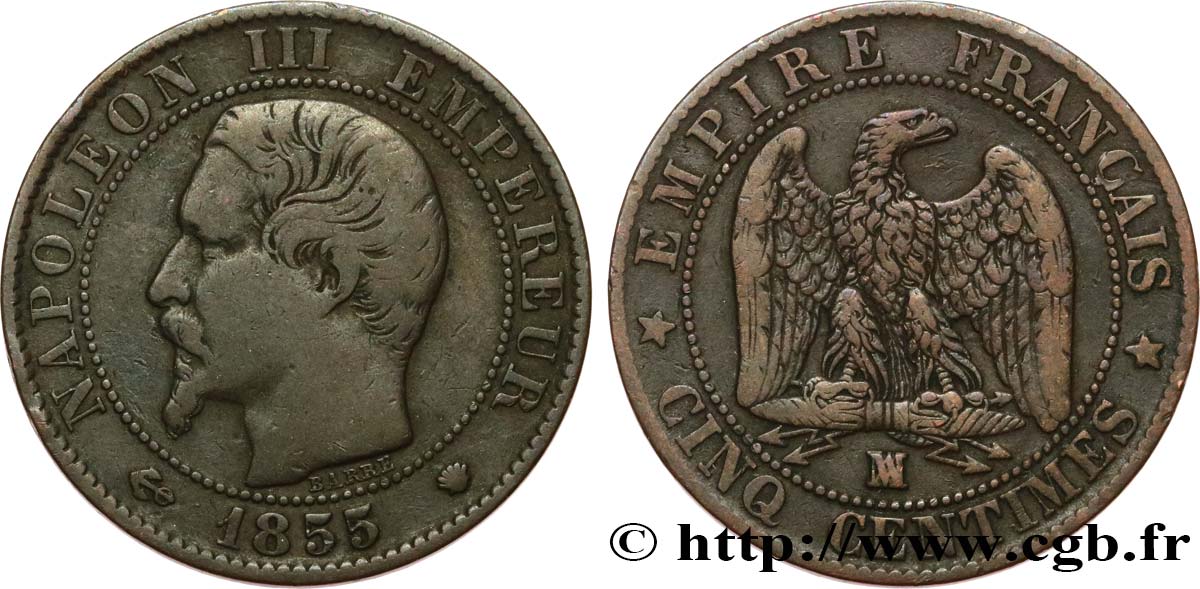 Cinq centimes Napoléon III, tête nue 1855 Marseille F.116/27 VF25 