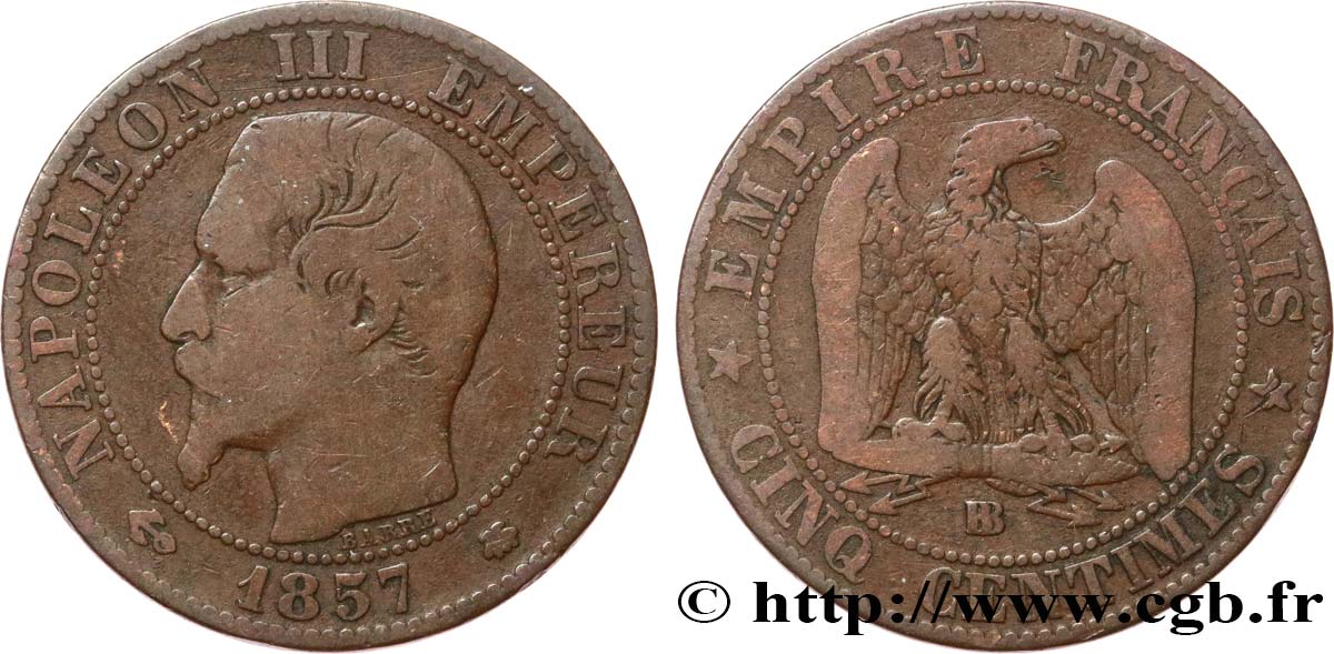 Cinq centimes Napoléon III, tête nue 1857 Strasbourg F.116/39 F15 