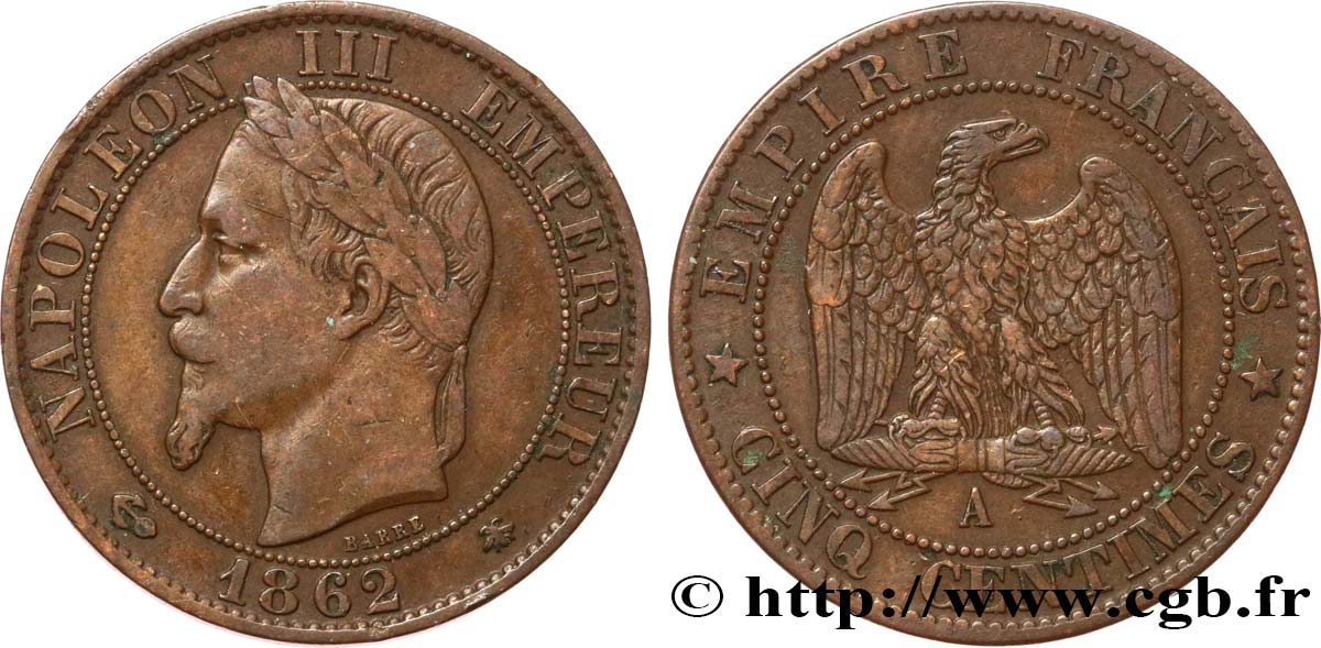 Cinq centimes Napoléon III, tête laurée 1862 Paris F.117/7 TTB40 