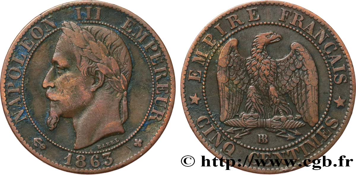 Cinq centimes Napoléon III, tête laurée 1863 Strasbourg F.117/11 VF 