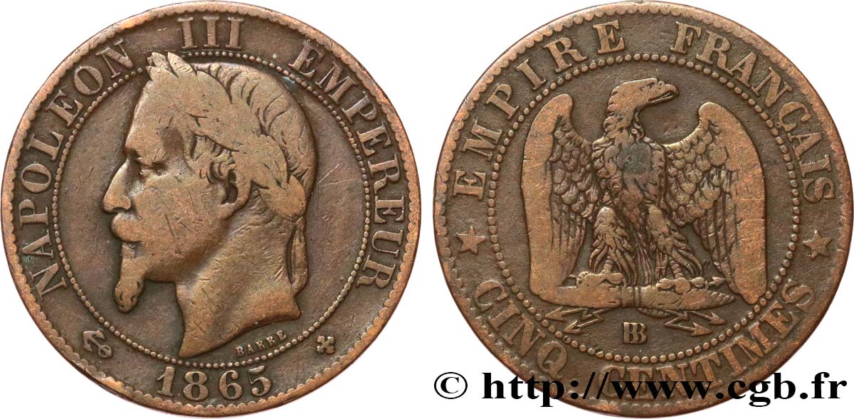 Cinq centimes Napoléon III, tête laurée 1865 Strasbourg F.117/17 S15 