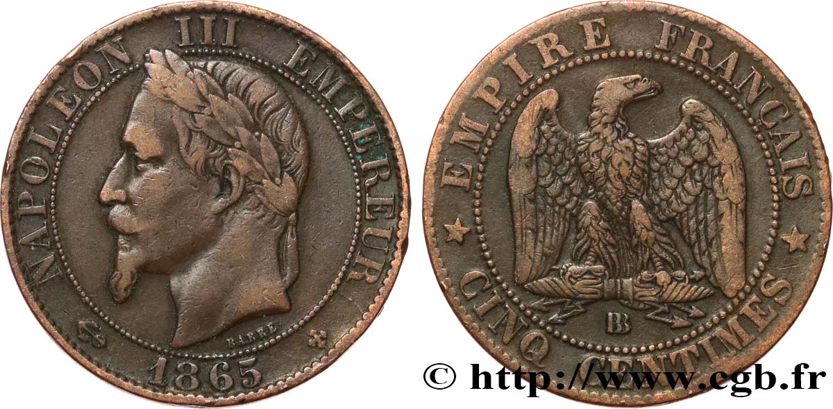 Cinq centimes Napoléon III, tête laurée 1865 Strasbourg F.117/17 VF25 