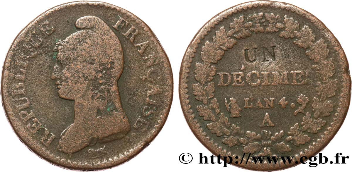 Un décime Dupré, modification du 2 décimes 1796 Paris F.127/1 VG 