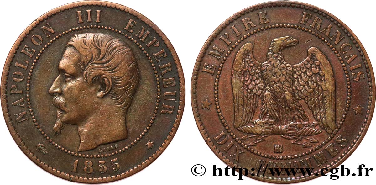 Dix centimes Napoléon III, tête nue 1855 Strasbourg F.133/24 TB+ 