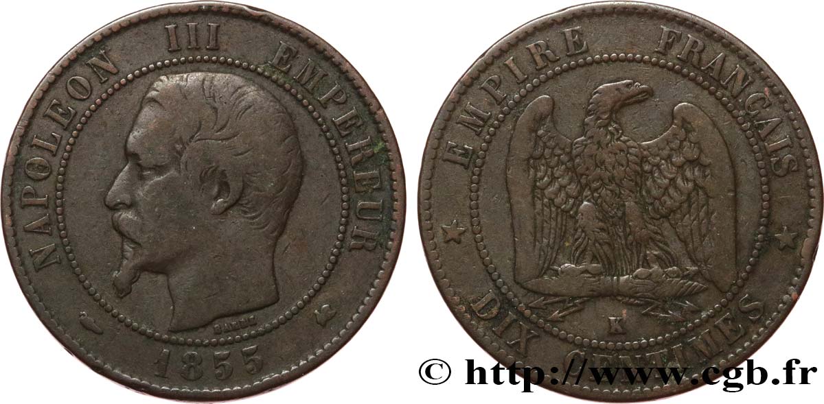 Dix centimes Napoléon III, tête nue 1855 Bordeaux F.133/27 MB20 