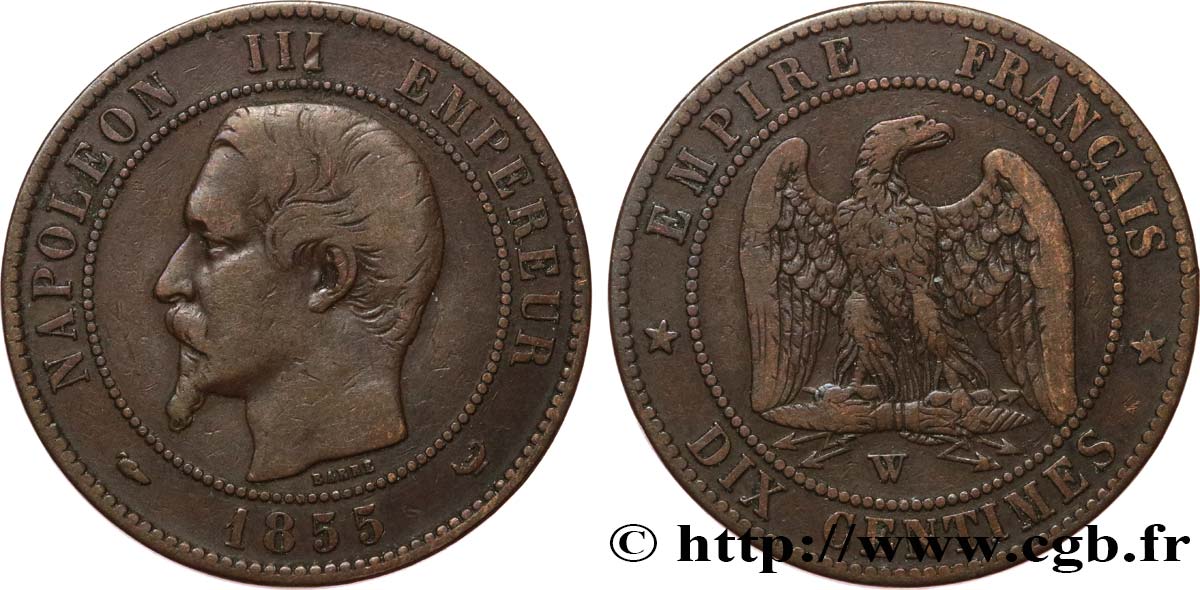 Dix centimes Napoléon III, tête nue 1855 Lille F.133/32 VF25 