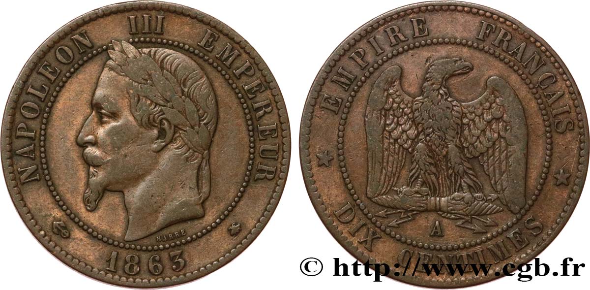 Dix centimes Napoléon III, tête laurée 1863 Paris F.134/10 TB25 