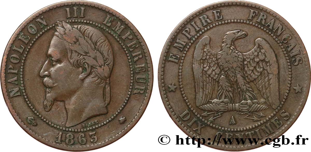 Dix centimes Napoléon III, tête laurée 1863 Paris F.134/10 BC25 