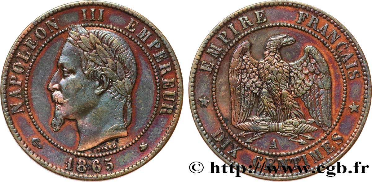 Dix centimes Napoléon III, tête laurée 1865 Paris F.134/16 MBC 