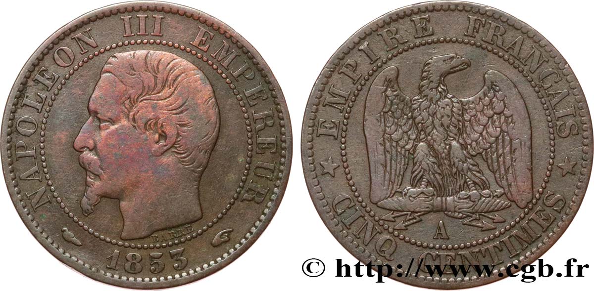 Cinq centimes Napoléon III, tête nue 1853 Paris F.116/1 VF25 