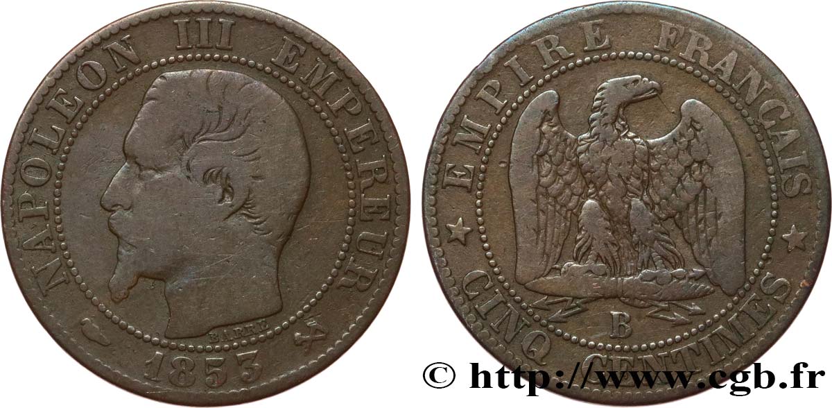 Cinq centimes Napoléon III, tête nue 1853 Rouen F.116/2 S15 