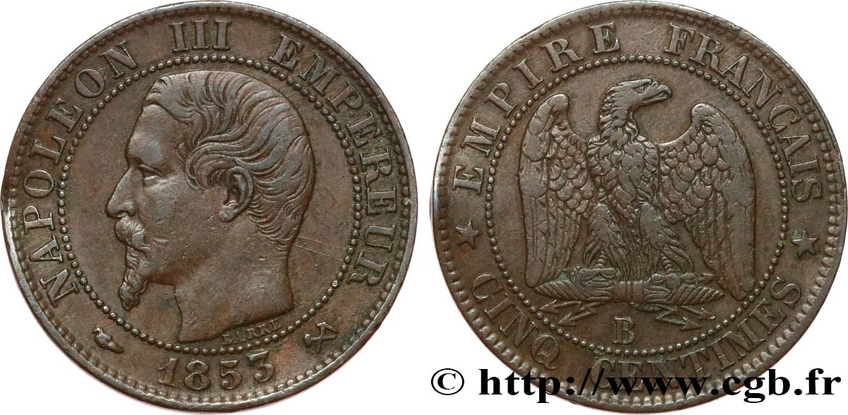Cinq centimes Napoléon III, tête nue 1853 Rouen F.116/2 BC35 