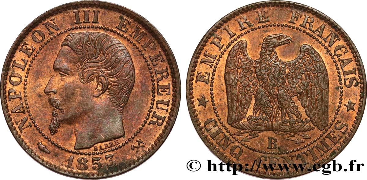 Cinq centimes Napoléon III, tête nue 1853 Rouen F.116/2 SUP60 