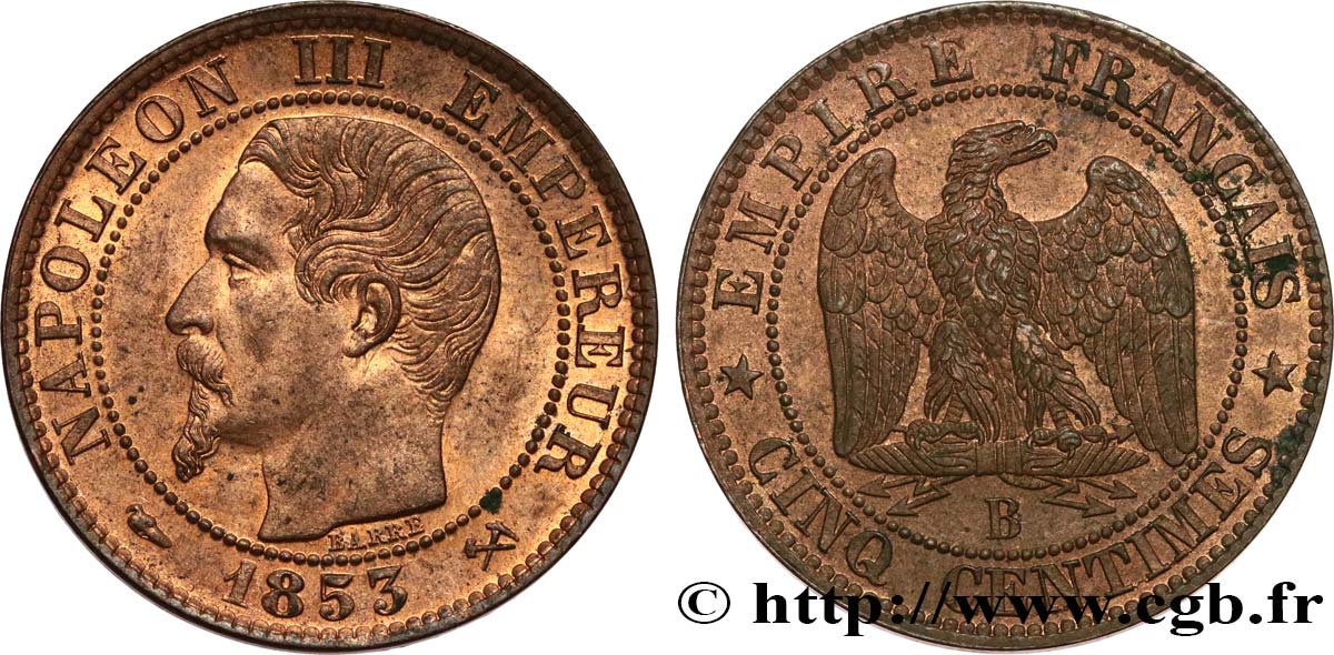 Cinq centimes Napoléon III, tête nue 1853 Rouen F.116/2 MS61 