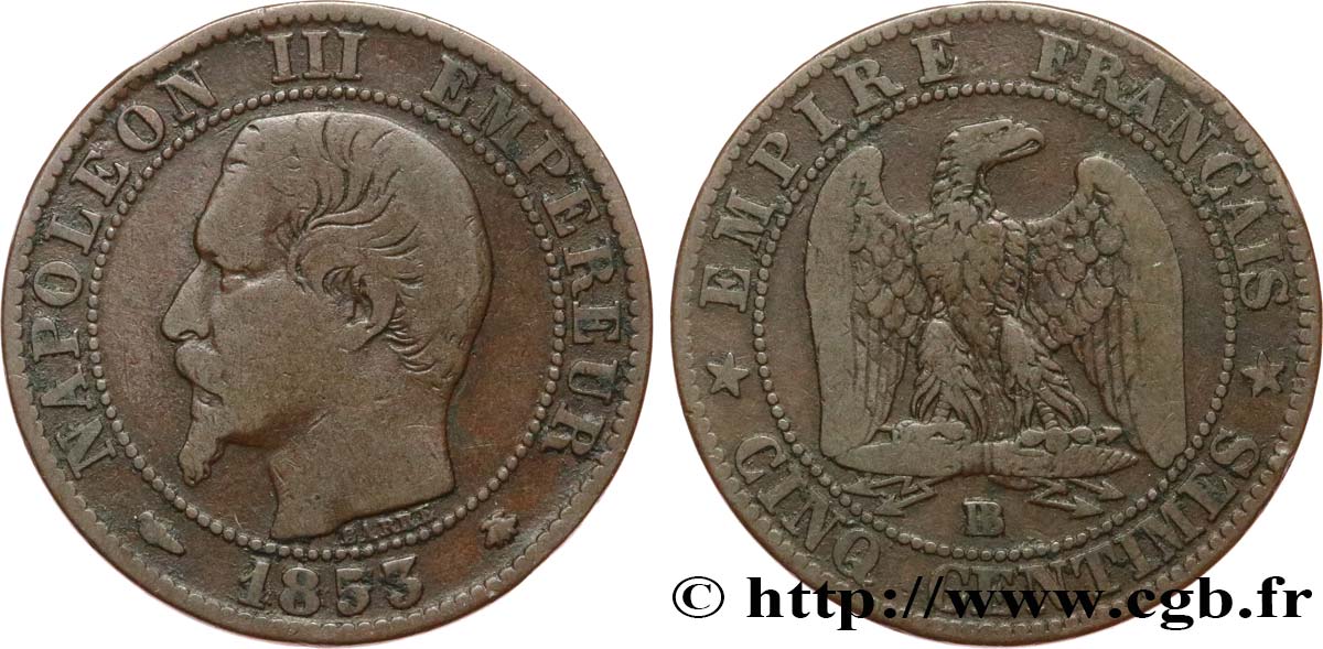 Cinq centimes Napoléon III, tête nue 1853 Strasbourg F.116/3 MB15 