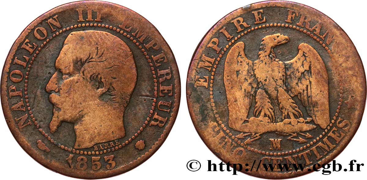 Cinq centimes Napoléon III, tête nue 1853 Marseille F.116/6 SGE 