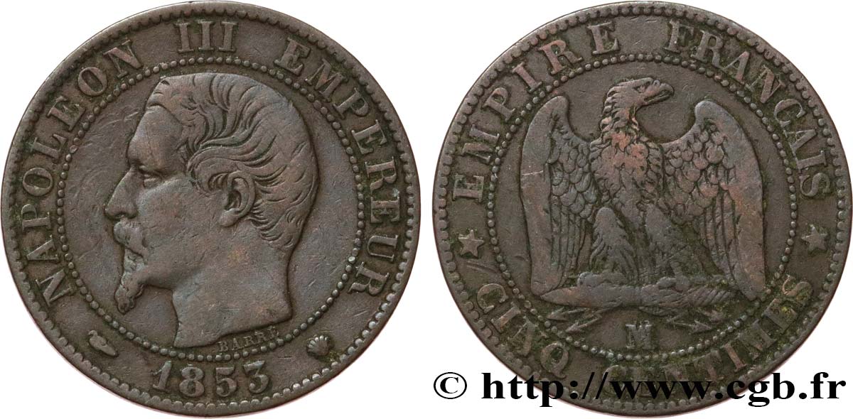 Cinq centimes Napoléon III, tête nue 1853 Marseille F.116/6 MB25 