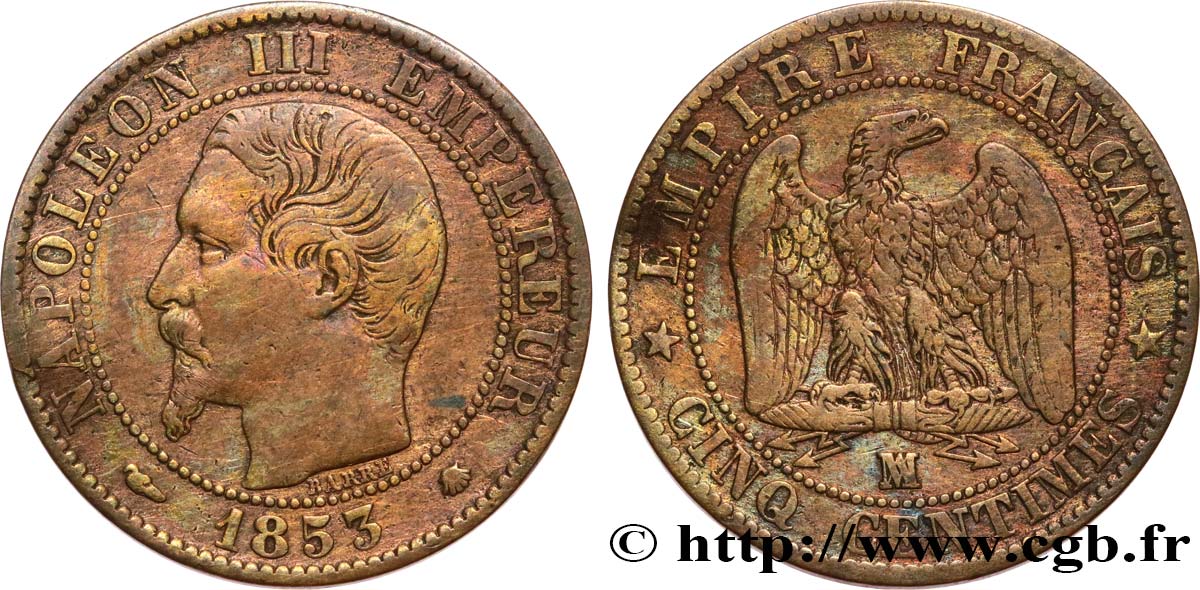 Cinq centimes Napoléon III, tête nue 1853 Marseille F.116/6 BC 