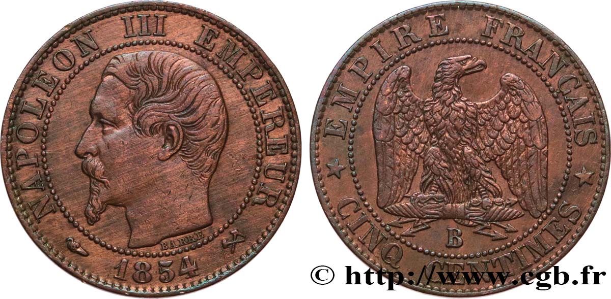 Cinq centimes Napoléon III, tête nue 1854 Rouen F.116/9 MBC 